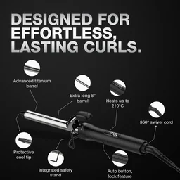 Ikonic Curling Tong 19mm Hair Curler | 8 Inch Titanium Barrel | Black & Golden | Heat Ready Indicator, Safety Stand, Swivel Cord | Salon-Like Finish