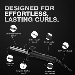 Ikonic Curling Tong CT-22 22mm Hair Curler | 8 Inch Titanium Barrel | Black & Golden | Safety Clip, Rubber Grip | Professional Salon-Like Curls