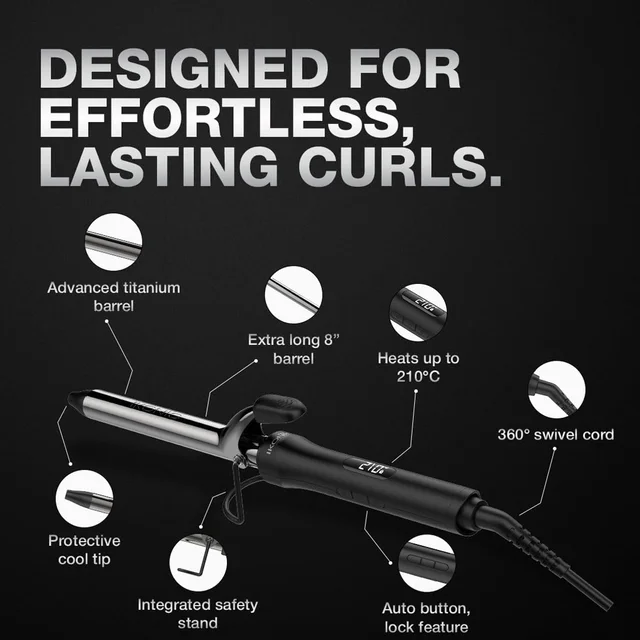 Ikonic Curling Tong CT-22 22mm Hair Curler | 8 Inch Titanium Barrel | Black & Golden | Safety Clip, Rubber Grip | Professional Salon-Like Curls