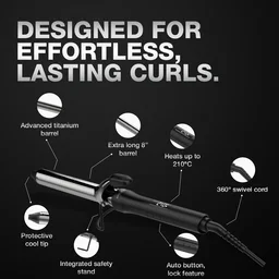 Ikonic Hair Curler Machine Tong 28mm | 8 Inch Black Titanium Barrel | Heat Ready Indicator, Rubber Grip, Safety Stand & Swivel Cord | Salon-Like Finish