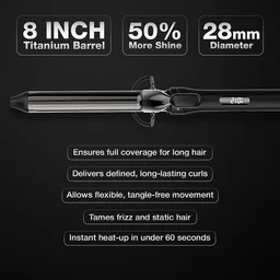 Ikonic Hair Curler Machine Tong 28mm | 8 Inch Black Titanium Barrel | Heat Ready Indicator, Rubber Grip, Safety Stand & Swivel Cord | Salon-Like Finish