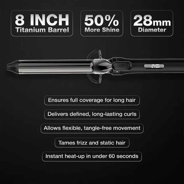 Ikonic Hair Curler Machine Tong 28mm | 8 Inch Black Titanium Barrel | Heat Ready Indicator, Rubber Grip, Safety Stand & Swivel Cord | Salon-Like Finish