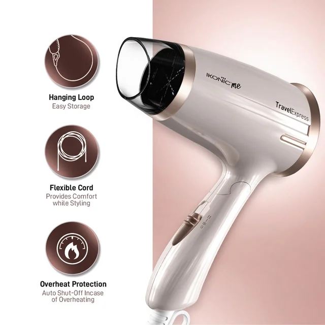 Ikonic Hair Dryer Travel Express Foldable | 1400W Fast Drying | 2 Speed Settings | Compact & Lightweight | Travel-Friendly | For Men & Women | All Hair Types