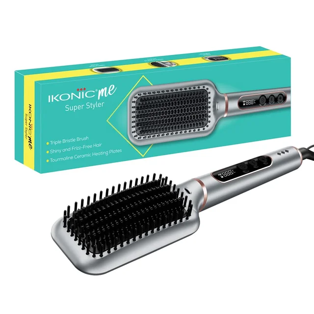 Ikonic Me Hair Straightener Brush Super Styler | Tourmaline Ceramic | Triple Bristle | Thermo-Protect | 130-210�C | Frizz-Free, Shiny Hair | Large Paddle Brush