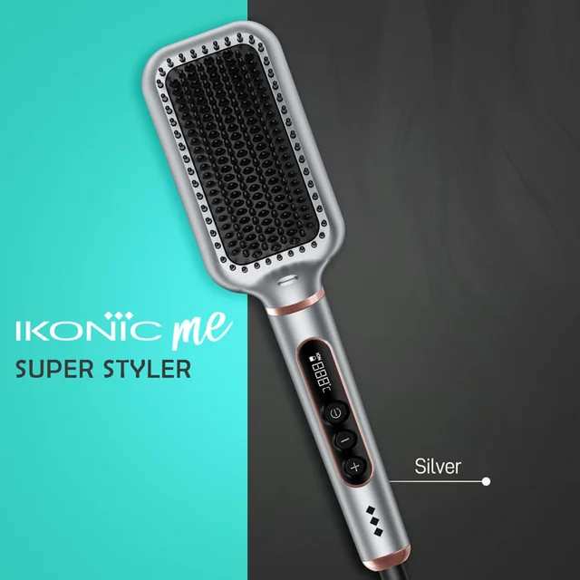 Ikonic Me Hair Straightener Brush Super Styler | Tourmaline Ceramic | Triple Bristle | Thermo-Protect | 130-210�C | Frizz-Free, Shiny Hair | Large Paddle Brush
