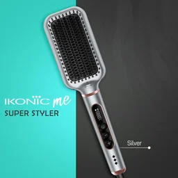 Ikonic Me Hair Straightener Brush Super Styler | Tourmaline Ceramic | Triple Bristle | Thermo-Protect | 130-210�C | Frizz-Free, Shiny Hair | Large Paddle Brush