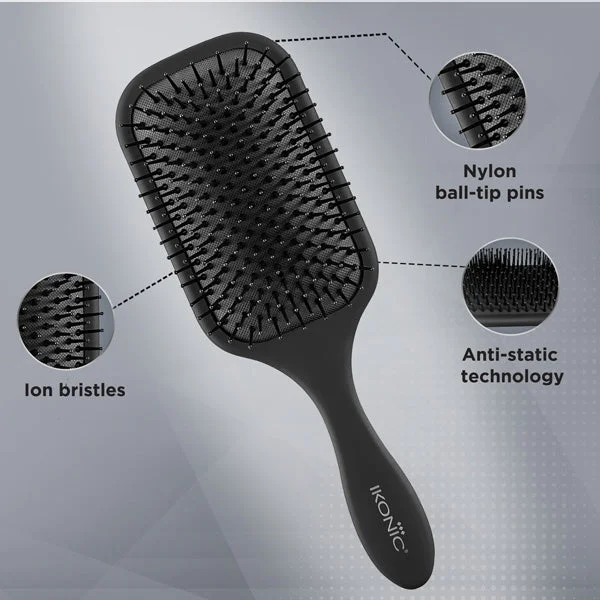 Ikonic Professional Big Paddle Hair Brush | Anti-Static Ionic Paddle Brush for Hair | Nylon Ball-Tip Bristles for Detangling, Smooth Blow Dry & Frizz Control