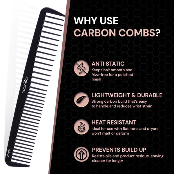 Ikonic Professional Carbon Comb Black CC01 | Heat-Resistant Anti-Static Carbon Hair Comb | Seamless Teeth Professional Styling & Cutting Comb for All Hair Types