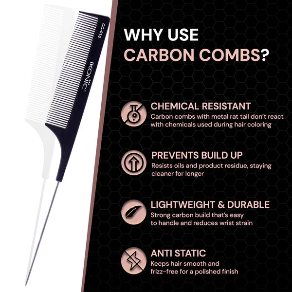 Ikonic Professional Carbon Comb Black CC010 | Heat-Resistant Anti-Static Carbon Hair Comb | Seamless Teeth Professional Cutting, Styling & Sectioning Comb