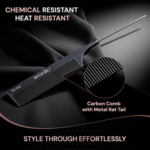 Ikonic Professional Carbon Comb Black CC010 | Heat-Resistant Anti-Static Carbon Hair Comb | Seamless Teeth Professional Cutting, Styling & Sectioning Comb