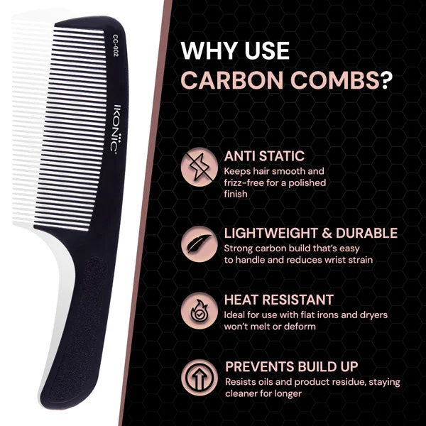 Ikonic Professional Carbon Comb Black CC02 | Heat-Resistant Anti-Static Carbon Hair Comb | Seamless Teeth Professional Sectioning & Styling Comb for All Hair Types