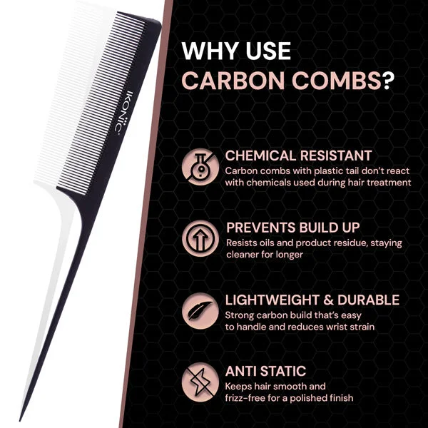 Ikonic Professional Carbon Comb Black CC03 | Heat-Resistant Anti-Static Carbon Tail Comb | Seamless Teeth Professional Hair Sectioning, Styling & Cutting Comb