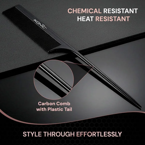 Ikonic Professional Carbon Comb Black CC03 | Heat-Resistant Anti-Static Carbon Tail Comb | Seamless Teeth Professional Hair Sectioning, Styling & Cutting Comb