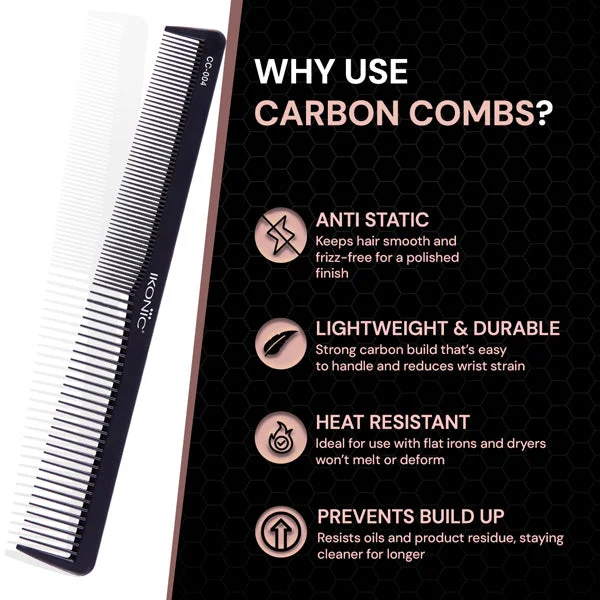 Ikonic Professional Carbon Comb Black CC04 | Heat-Resistant Anti-Static Carbon Cutting Comb | Seamless Teeth Professional Hair Styling & Barber Comb for All Hair Types