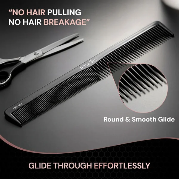 Ikonic Professional Carbon Comb Black CC04 | Heat-Resistant Anti-Static Carbon Cutting Comb | Seamless Teeth Professional Hair Styling & Barber Comb for All Hair Types