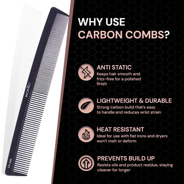 Ikonic Professional Carbon Comb Black CC05 | Heat-Resistant Anti-Static Carbon Hair Comb | Seamless Teeth Professional Cutting, Styling & Barber Comb for All Hair Types