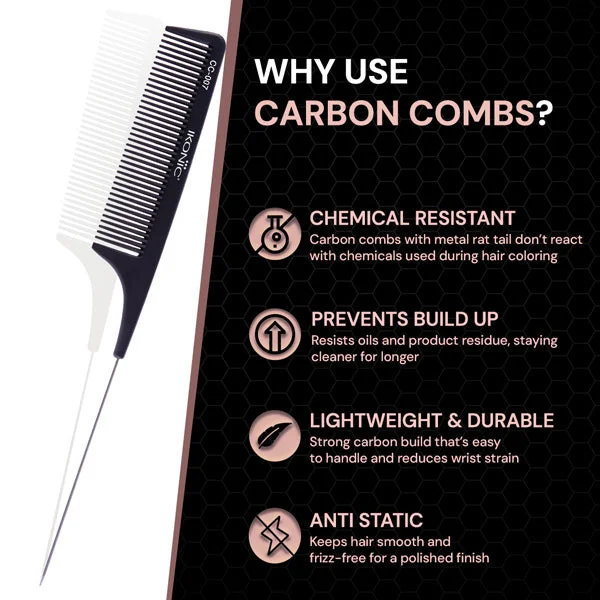 Ikonic Professional Carbon Comb Black CC07 | Heat-Resistant Anti-Static Carbon Hair Comb | Seamless Teeth Professional Styling, Cutting & Barber Comb for All Hair Types