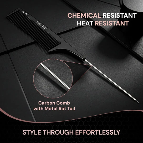 Ikonic Professional Carbon Comb Black CC07 | Heat-Resistant Anti-Static Carbon Hair Comb | Seamless Teeth Professional Styling, Cutting & Barber Comb for All Hair Types