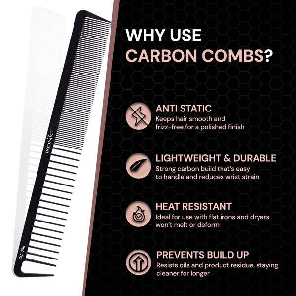 Ikonic Professional Carbon Comb Black CC08 | Heat-Resistant Anti-Static Carbon Hair Comb | Seamless Teeth Professional Cutting, Styling & Sectioning Comb