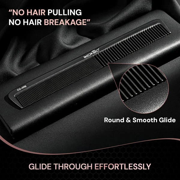 Ikonic Professional Carbon Comb Black CC09 | Heat-Resistant Anti-Static Carbon Hair Comb | Seamless Teeth Professional Cutting, Styling & Sectioning Comb