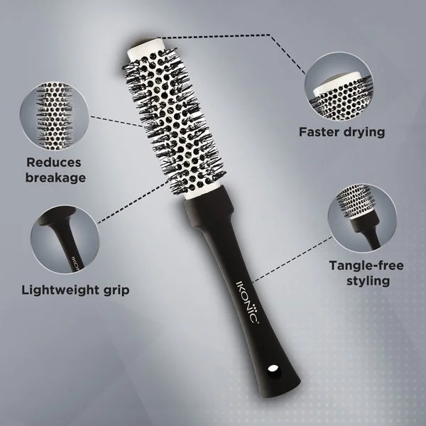 Ikonic Professional Ceramic Blow Dry Hair Brush 25mm BDB-25 | Ionic Ceramic Barrel Hair Styling Brush | Anti-Frizz Round Brush for Smooth Blowouts & Salon Finish