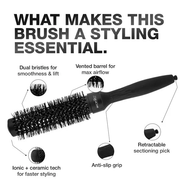 Ikonic Professional Ebony Thermal Round Brush TRB-32 | 32mm Ionic Ceramic Round Hair Brush for Blow Dry, Volume, Smooth Styling & Salon Finish