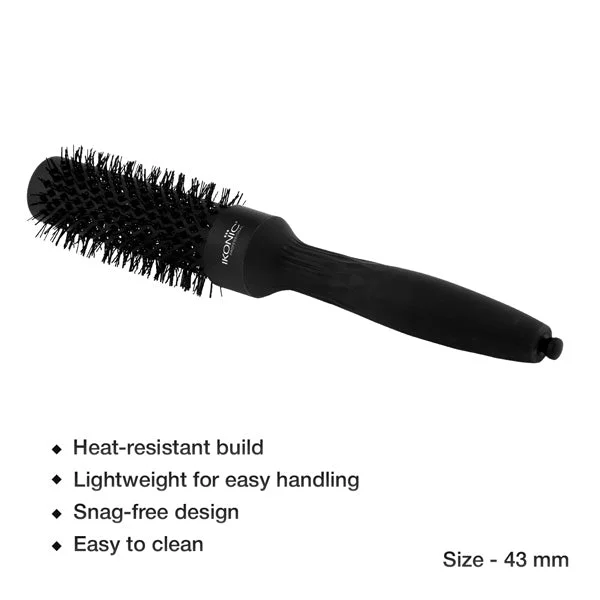 Ikonic Professional Ebony Thermal Round Brush TRB-43 | 43mm Ionic Ceramic Round Hair Brush for Blow Dry, Volume, Smooth Styling & Salon Finish
