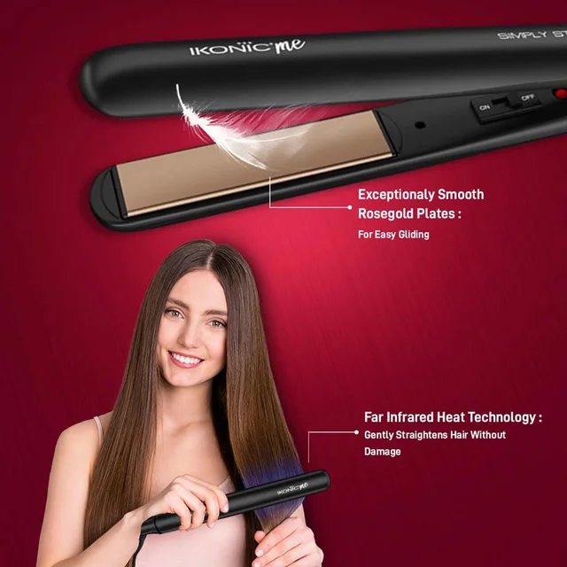 Ikonic Simply Straight Hair Straightener | Super Slim Rose Gold | 1-inch Plates | Compact Design | Quick Heat Up | Auto Controlled Heat Setting | Suitable for All Hair Types