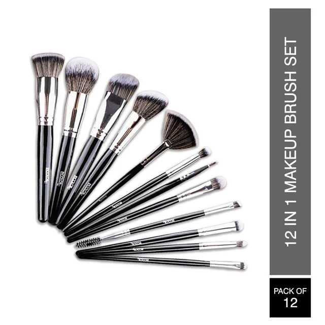 Incolor 12Pcs Makeup Brush Set Black/Silver | Glam Blend Eyeshadow & Face Brushes | Professional, Soft Bristles for Effective Makeup Application