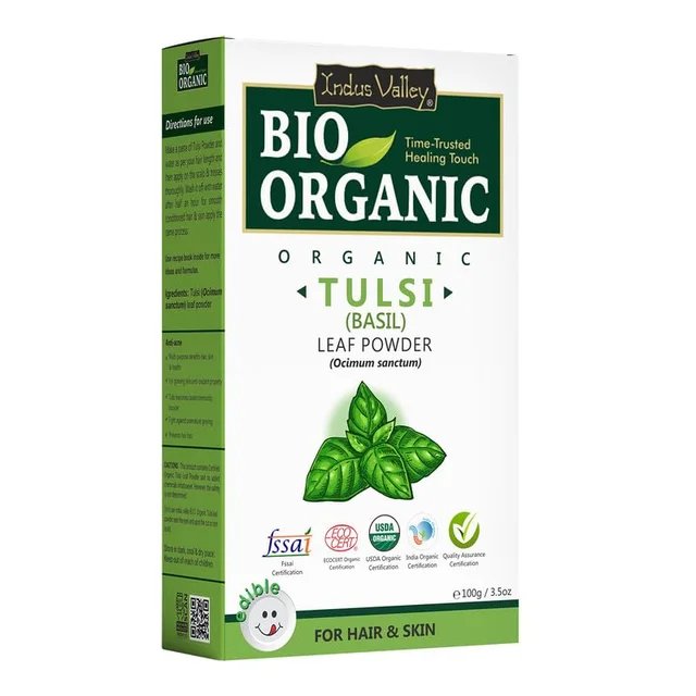 Indus Valley 100% Bio Organic Tulsi Powder 100g | Natural Pure Tulsi Leaf Powder | Herbal Basil Powder for Face Pack, Skin Care, DIY Masks & Natural Beauty Routine