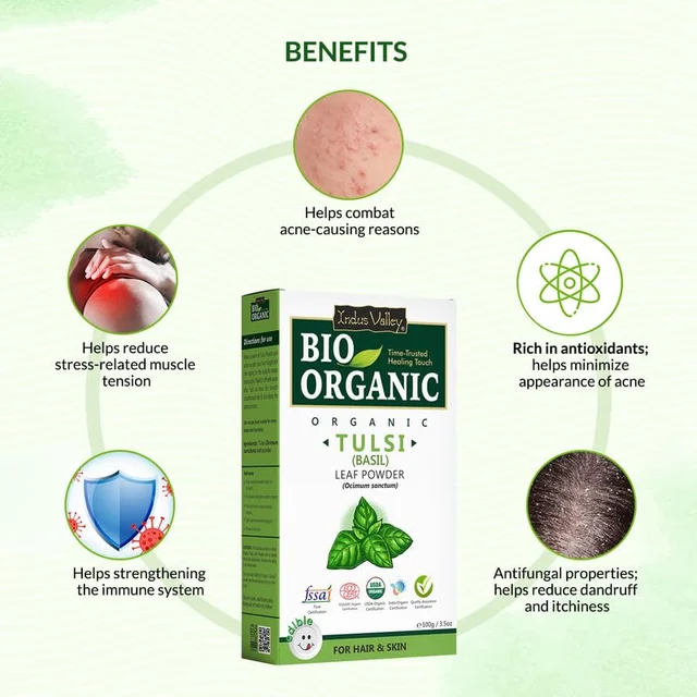Indus Valley 100% Bio Organic Tulsi Powder 100g | Natural Pure Tulsi Leaf Powder | Herbal Basil Powder for Face Pack, Skin Care, DIY Masks & Natural Beauty Routine
