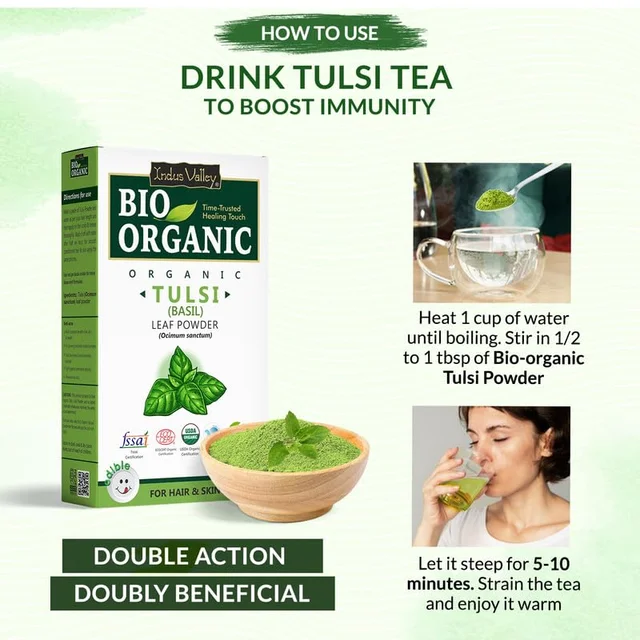 Indus Valley 100% Bio Organic Tulsi Powder 100g | Natural Pure Tulsi Leaf Powder | Herbal Basil Powder for Face Pack, Skin Care, DIY Masks & Natural Beauty Routine