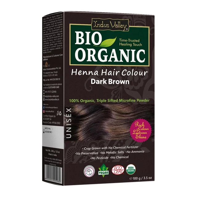 Indus Valley 100% Organic Henna Hair Color 100g | Dark Brown Natural Hair Dye Powder | Herbal Henna for Grey Hair Coverage, Hair Conditioning, Smoothness, Shine & Hair Care