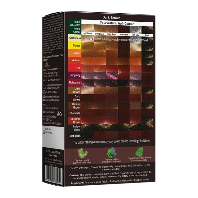 Indus Valley 100% Organic Henna Hair Color 100g | Dark Brown Natural Hair Dye Powder | Herbal Henna for Grey Hair Coverage, Hair Conditioning, Smoothness, Shine & Hair Care