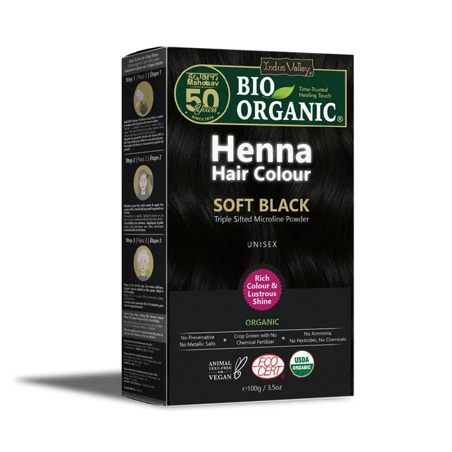 Indus Valley 100% Organic Henna Hair Color 100g | Soft Black Natural Hair Dye Powder | Herbal Henna for Grey Hair Coverage, Hair Conditioning, Shine & Healthy-Looking Hair