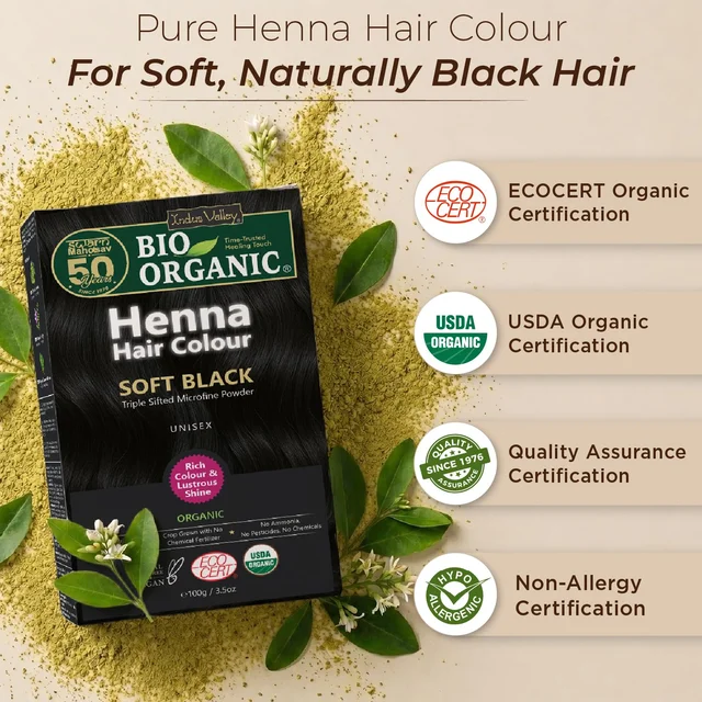 Indus Valley 100% Organic Henna Hair Color 100g | Soft Black Natural Hair Dye Powder | Herbal Henna for Grey Hair Coverage, Hair Conditioning, Shine & Healthy-Looking Hair