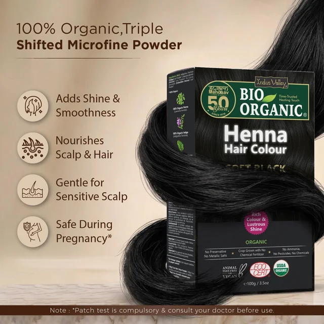 Indus Valley 100% Organic Henna Hair Color 100g | Soft Black Natural Hair Dye Powder | Herbal Henna for Grey Hair Coverage, Hair Conditioning, Shine & Healthy-Looking Hair