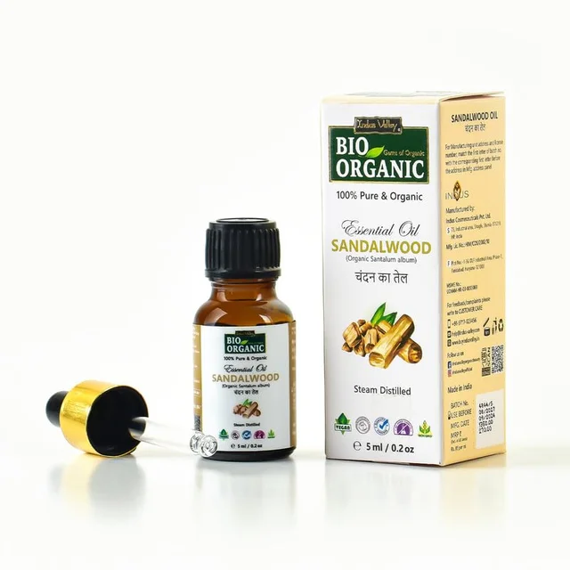 Indus Valley 100% Pure Natural & Organic Sandalwood Chandan Essential Oil 5ml | Undiluted Sandalwood Oil for Skin, Hair, Face Care, Massage & Aromatherapy