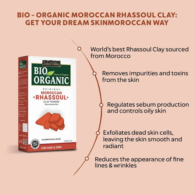 Indus Valley Bio Organic 100% Natural Moroccan Rhassoul Clay 250g | Face & Hair Mask Powder for Pores, Blemishes, Blackheads, Oil Control & Skin Care