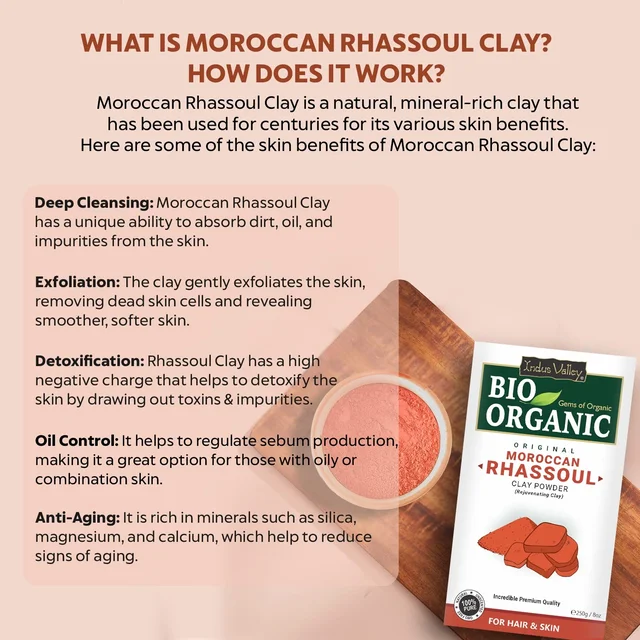 Indus Valley Bio Organic 100% Natural Moroccan Rhassoul Clay 250g | Face & Hair Mask Powder for Pores, Blemishes, Blackheads, Oil Control & Skin Care