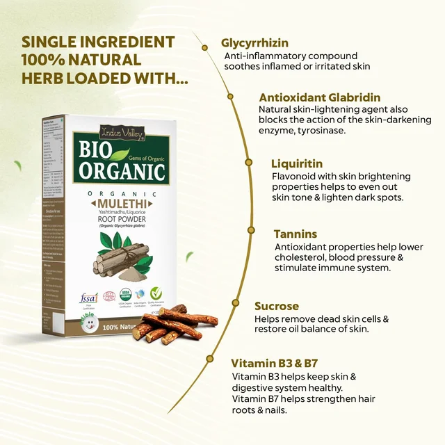 Indus Valley Bio Organic 100% Natural Pure Mulethi Powder 100g | Yashtimadhu Licorice Root Powder | Herbal Powder for Skin Care, Face Pack & Hair Care