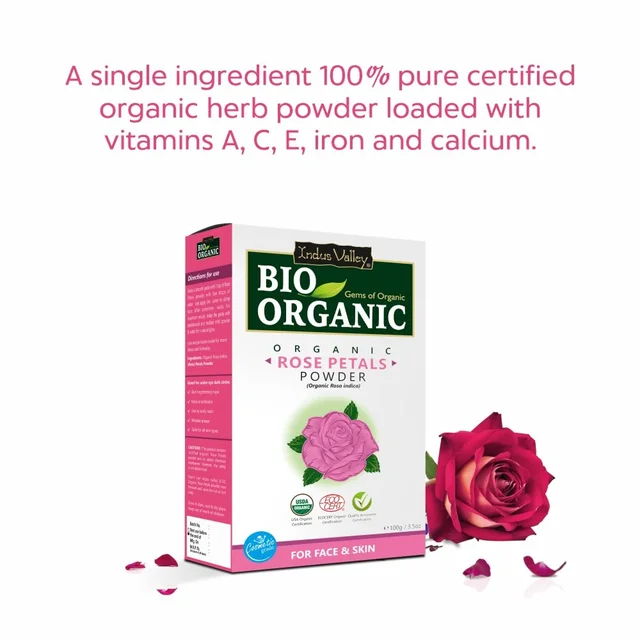 Indus Valley Bio Organic 100% Pure & Organic Rose Petals Powder 100g | Rosa Indica Natural Rose Powder for Skin Care, Face Pack, Skin Glow, Tan Care & DIY Beauty