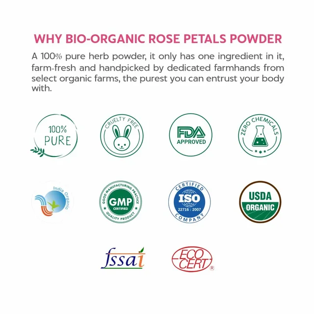 Indus Valley Bio Organic 100% Pure & Organic Rose Petals Powder 100g | Rosa Indica Natural Rose Powder for Skin Care, Face Pack, Skin Glow, Tan Care & DIY Beauty