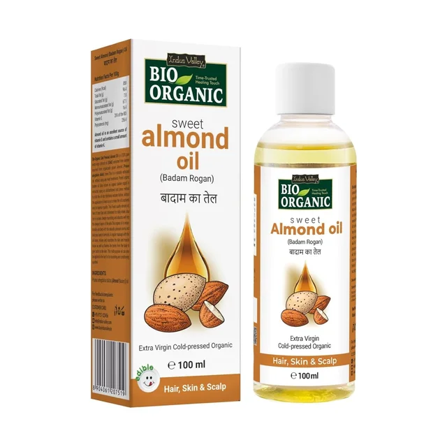 Indus Valley Bio Organic Cold Pressed Almond Oil 100ml | Pure Roghan Badam Oil for Soft & Shiny Hair, Glowing Skin, Hair Damage Care & Baby Massage | Natural Hair & Skin Oil