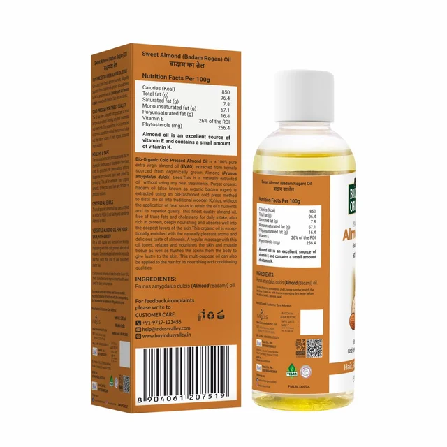 Indus Valley Bio Organic Cold Pressed Almond Oil 100ml | Pure Roghan Badam Oil for Soft & Shiny Hair, Glowing Skin, Hair Damage Care & Baby Massage | Natural Hair & Skin Oil