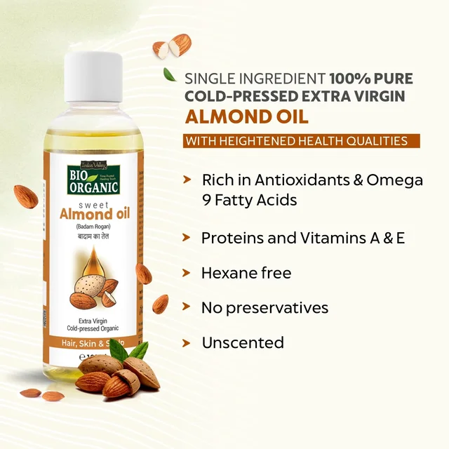 Indus Valley Bio Organic Cold Pressed Almond Oil 100ml | Pure Roghan Badam Oil for Soft & Shiny Hair, Glowing Skin, Hair Damage Care & Baby Massage | Natural Hair & Skin Oil