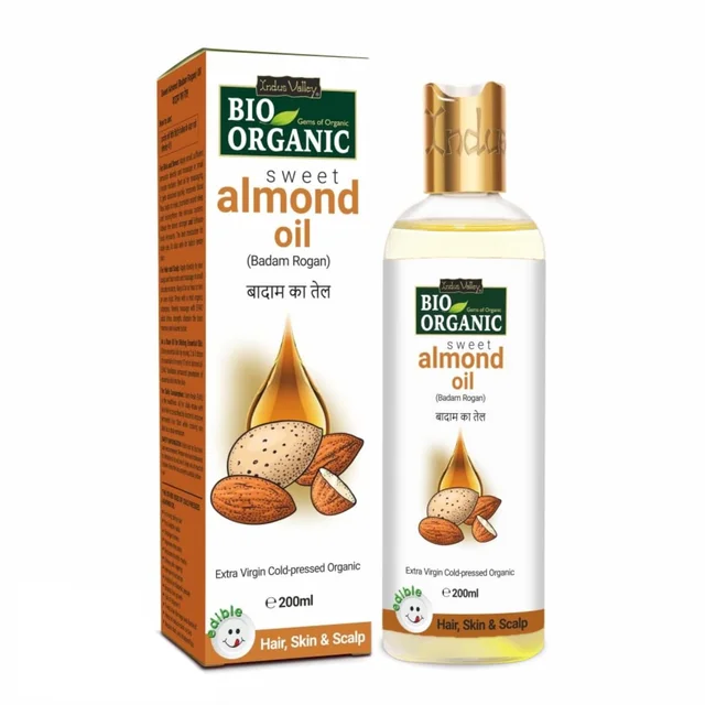 Indus Valley Bio Organic Cold Pressed Almond Oil 200ml | Pure Roghan Badam Oil for Soft & Shiny Hair, Glowing Skin, Hair Damage Care & Baby Massage | Natural Hair & Skin Oil