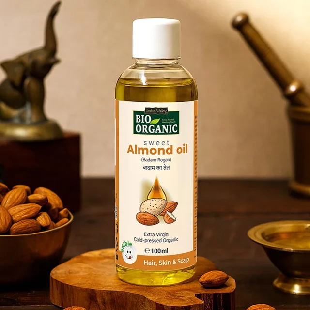 Indus Valley Bio Organic Cold Pressed Almond Oil 200ml | Pure Roghan Badam Oil for Soft & Shiny Hair, Glowing Skin, Hair Damage Care & Baby Massage | Natural Hair & Skin Oil