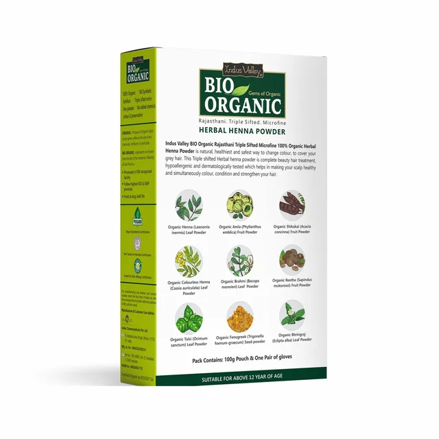 Indus Valley Bio Organic Herbal Henna Powder 100g | 100% Natural Henna for Hair Care | Herbal Hair Pack for Conditioning, Smoothness, Shine & Healthy-Looking Hair | DIY Hair Mask
