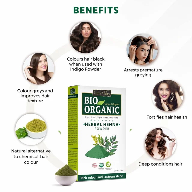 Indus Valley Bio Organic Herbal Henna Powder 100g | 100% Natural Henna for Hair Care | Herbal Hair Pack for Conditioning, Smoothness, Shine & Healthy-Looking Hair | DIY Hair Mask